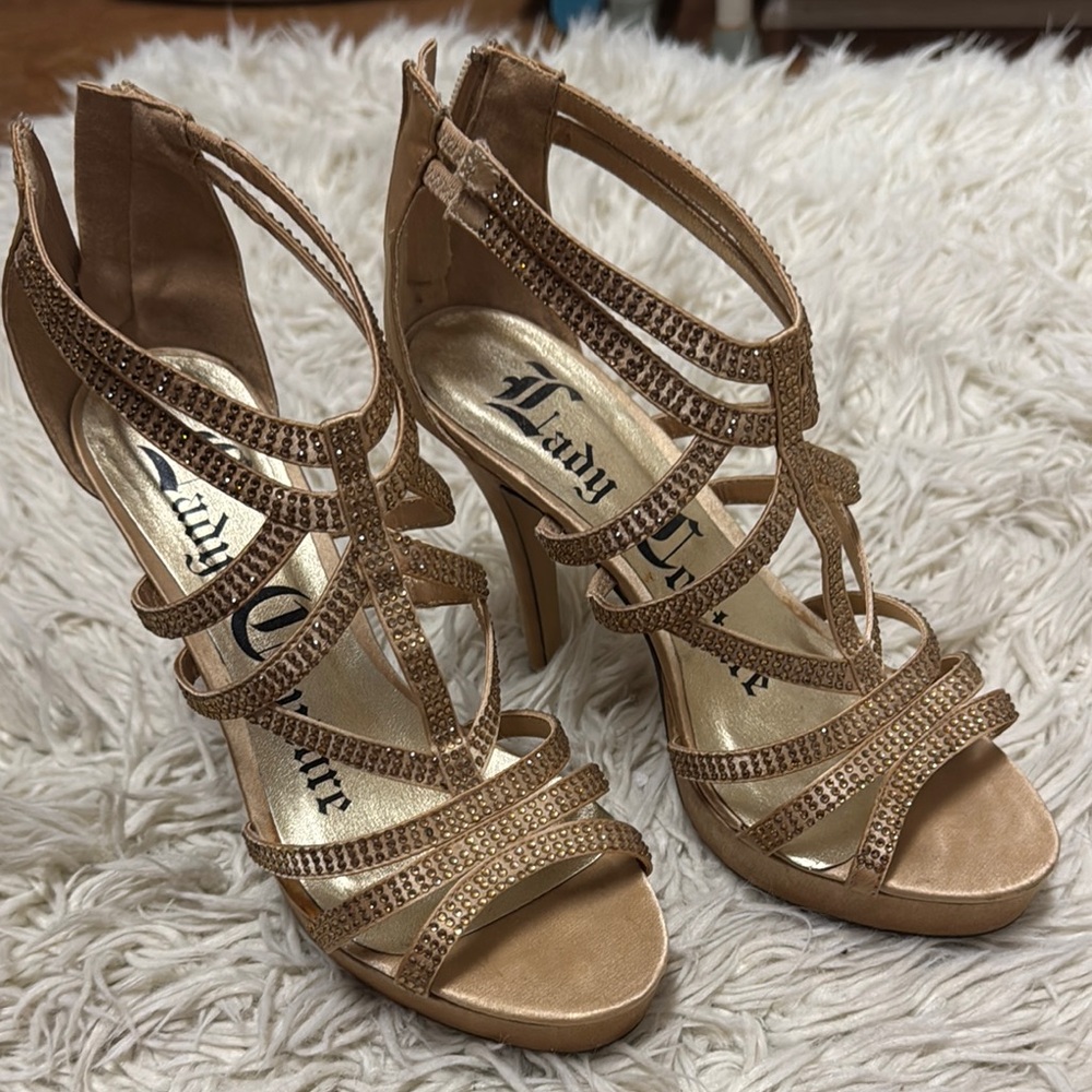 Lady Couture Gold and Sequin Strappy Heels Sz 38